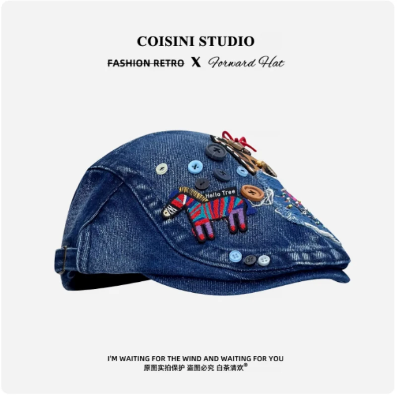 Niche Original Cartoon Pony Patch Button Design Denim Men Forward Hat Spring and Autumn Short Brim Sunshade Beret for Women