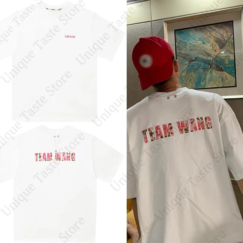 ‌Jackson Wang Same T Shirt TEAM WANG Peony Letter Print T-shirt High Quality Version Men Women Cotton Summer Short Sleeve Tee