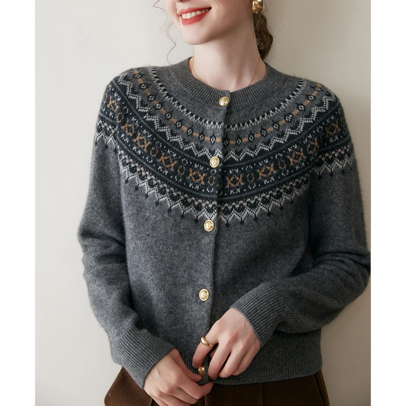 

Женский однобортный кашемировый вязаный кардиган с принтом в этническом стиле, свитер с круглым вырезом, повседневный женский облегающий шерстяной кардиган, топы