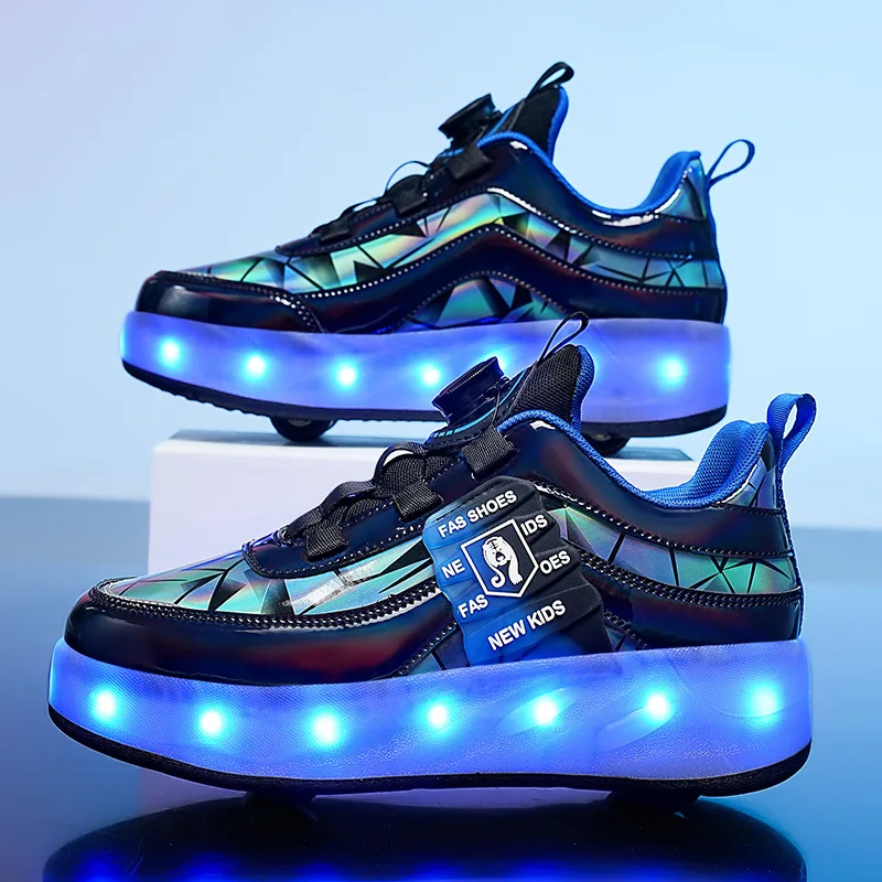 Scarpe da ginnastica luminose per bambini Pattini a rotelle per bambini a quattro ruote per ragazze dei ragazzi Scarpe a led con suola luminosa Scarpe illuminate di ricarica USB