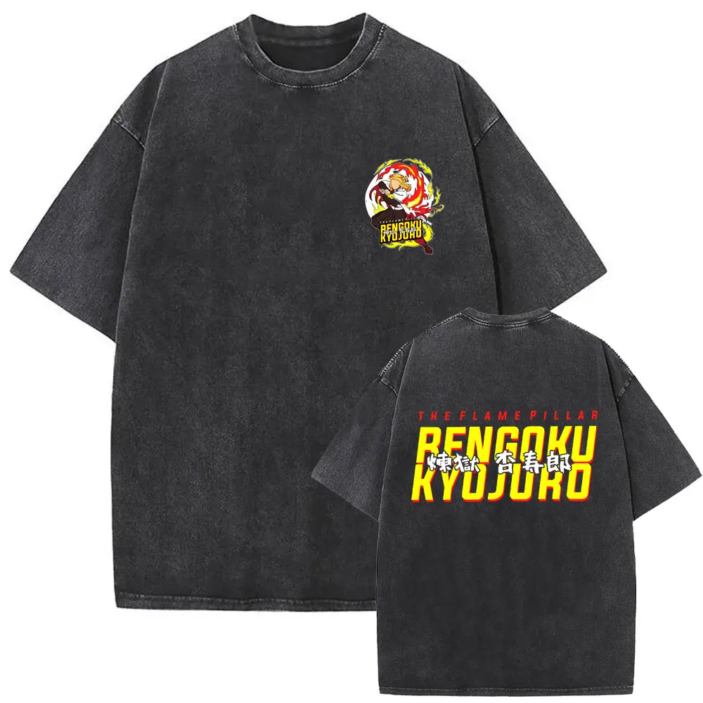 

Washed Vintage Anime Demon Slayer Rengoku Kyoujurou Double Sided Print T Shirts Men Women Casual Oversized Short Sleeve T-shirt