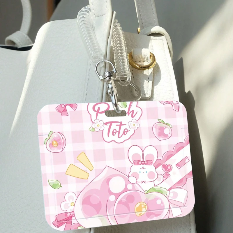 Cartoon Peach Rabbit Pattern Card Holder with Retractable Spring Cord Bank Identity Bus Card Sleeve Case Credential Badge Holder