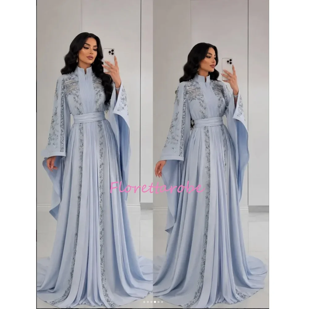 Elegante blaue Abendkleider mit Spitzenapplikationen für Damen, Stehkragen, lange Ärmel, formelles, luxuriöses Ballkleid, Partykleid فساتين سهرة