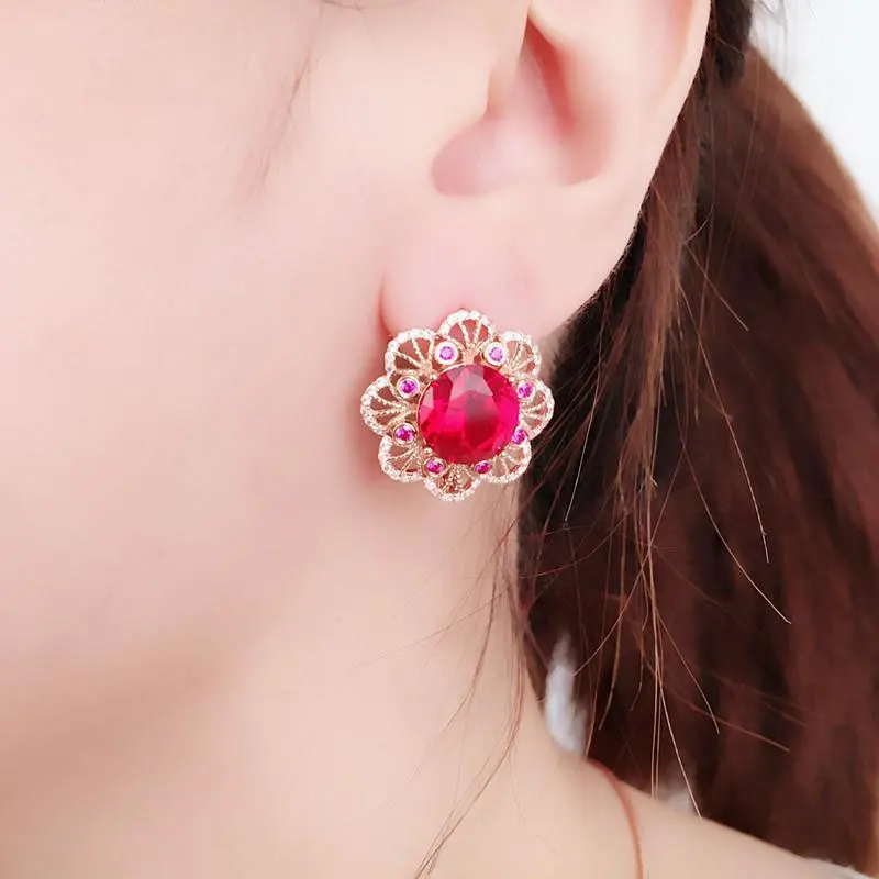 585 Purple Gold Ruby Flower Earrings for Women 14K Rose Gold Plated Luxury Exquisite Court Style Wedding Engagement Jewelry