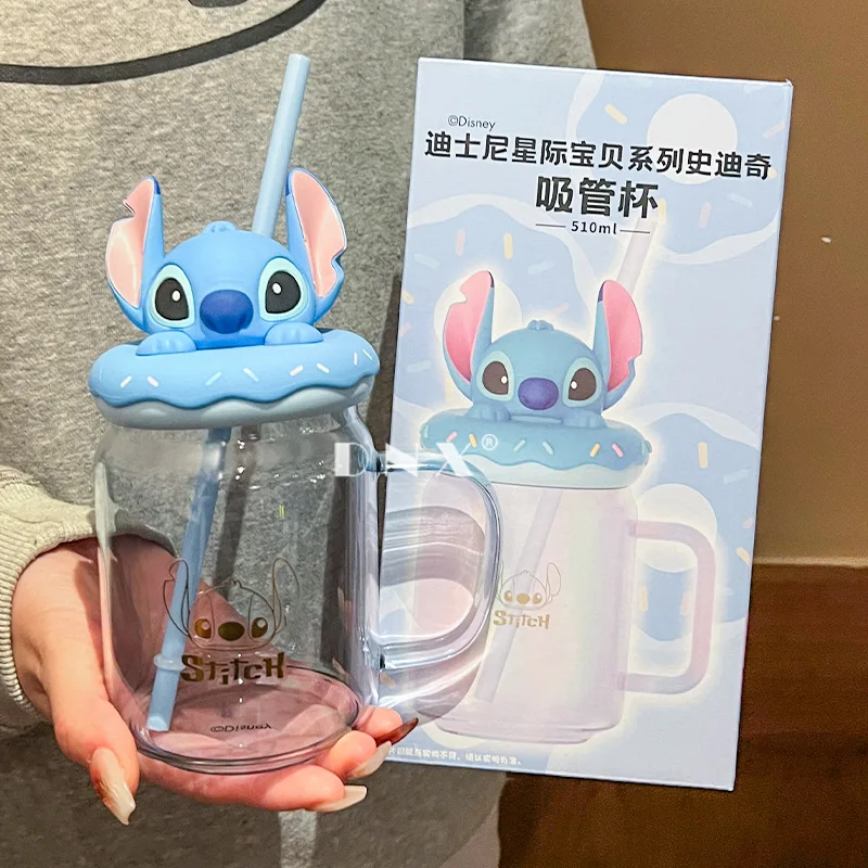 Disney Stitch Glass Water Cup Cartoon Straw Cup Cute Household Mug Glass Cup with Donut Figure Doll Lid Juice Drink Coffee Mug