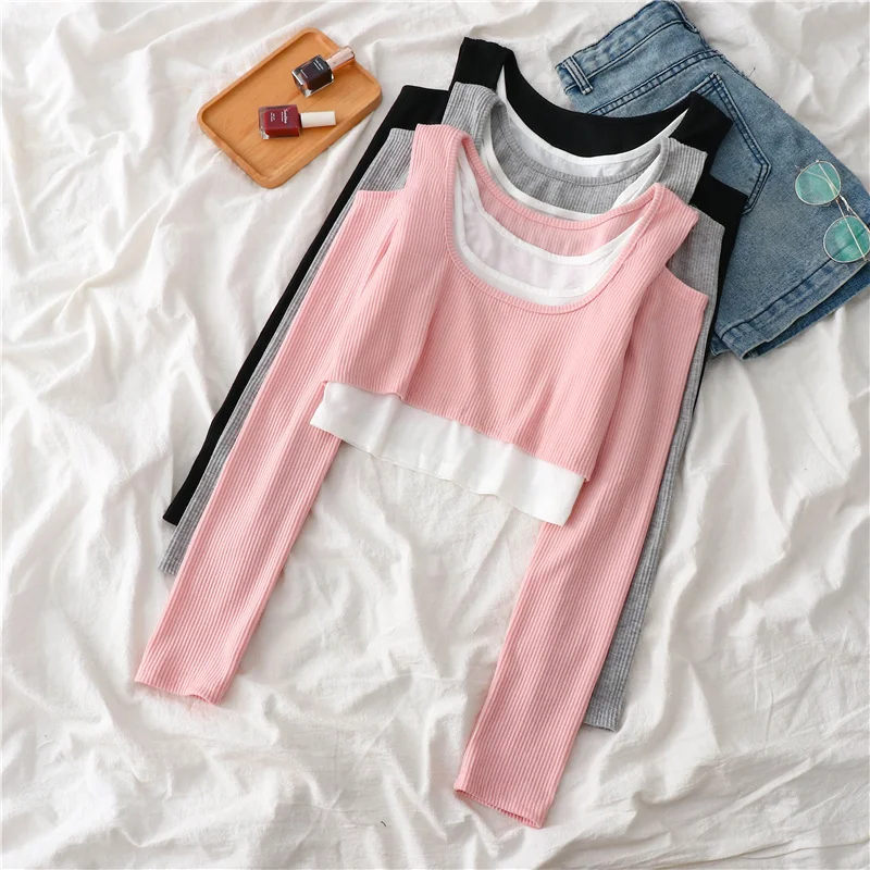 Off Shoulder Fake Two Pieces Long Sleeve T-shirts Women Korean Style Hollow Out Slim Corp Top Simple Trendy Chic Sexy 2022 New