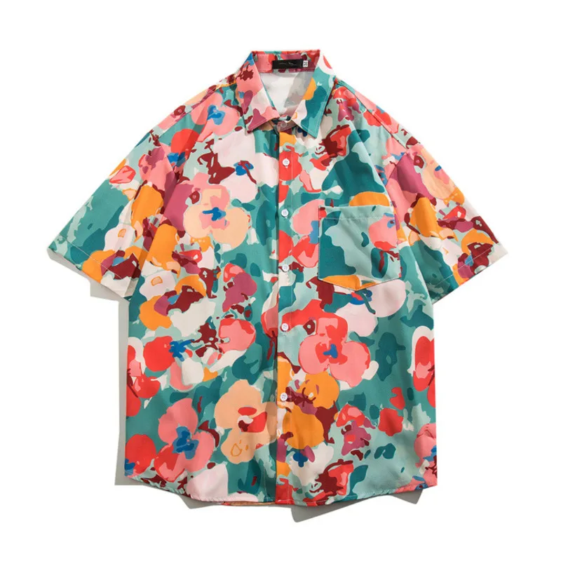 

Men Hawaiian Beach Short Sleeve Shirts Retro Floral Print Casual Summer Button Up Blouses Hong Kong Style Ins Shirt Streetwear