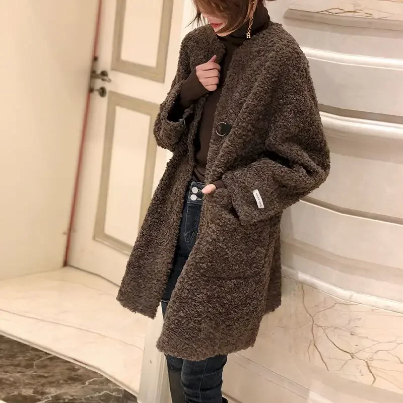 Casual Fashion Lamb Wool Coat Women's Autumn Winter Clothing 2026 New Korean Loose Oversized Medium Long Lamb Wool Jacket Womens
