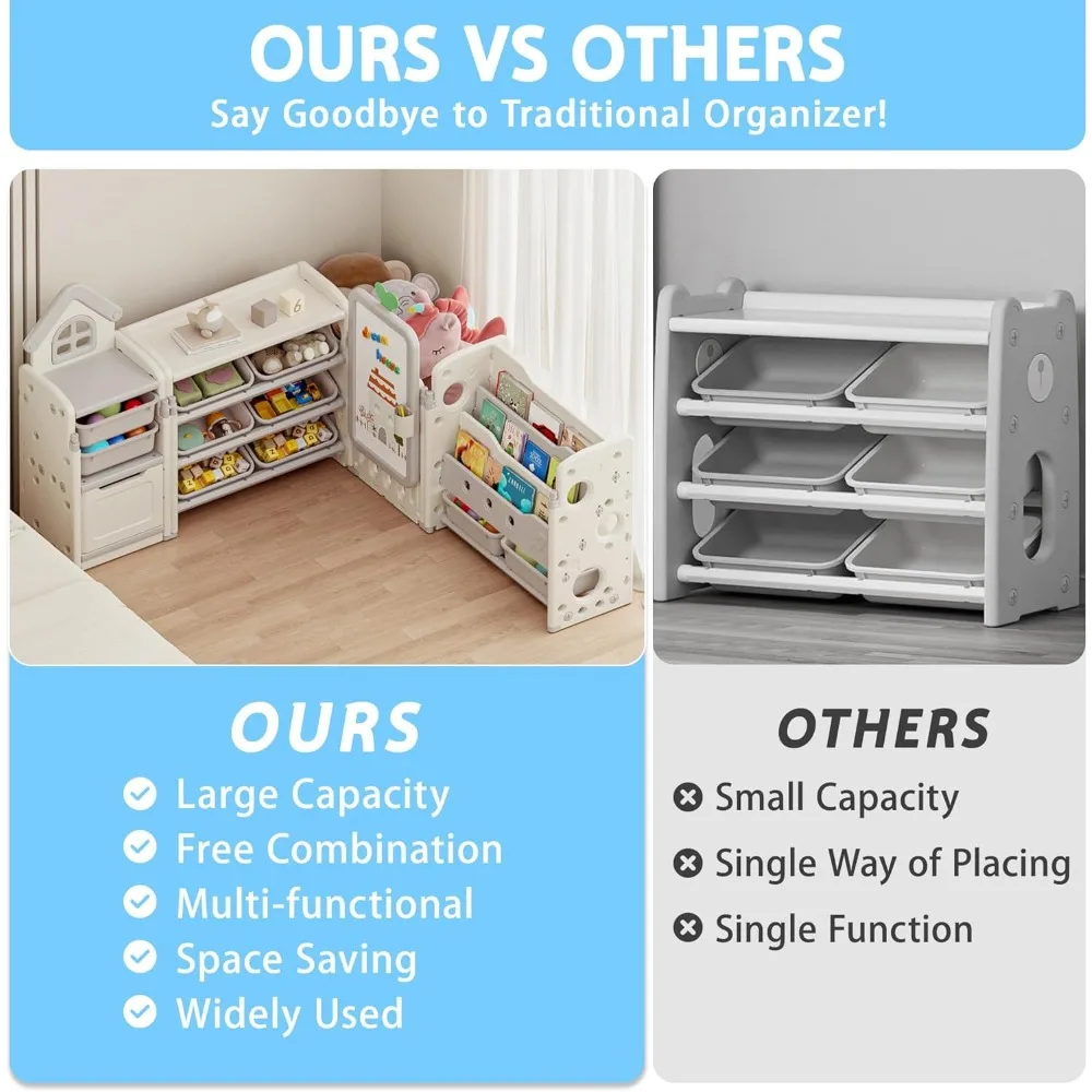 Organizzatore pieghevole per giocattoli per bambini con 10 contenitori rimovibili e libreria a 3 livelli, grande organizer multifunzionale per giocattoli 4 in 1 con