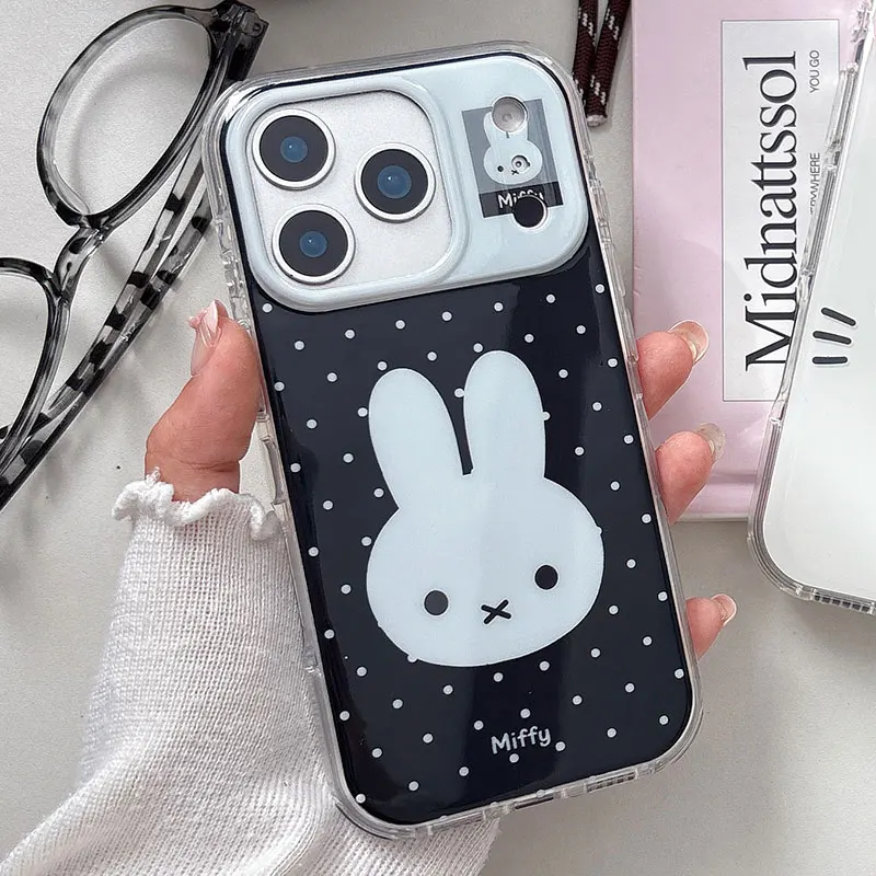 

Luxury Cartoon Miffy Rabbit Phone Case for iPhone 13 14 15 16 17 Pro Max Black polka dot Lovely Anime Shockproof Bumper Cover