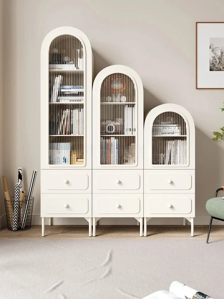

Living Room Bookcase with Glass Door Small Apartment Assembled Cabinet Arch Storage Cabinet Household Cream Style