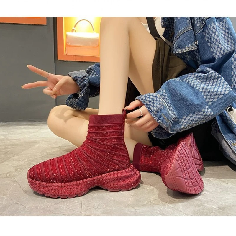 

2024 Fashion Luxury Water Diamond Sock Boots for Women Thick soled Sports Shoes Elastic Knitted Designer Women's Boots zapatos