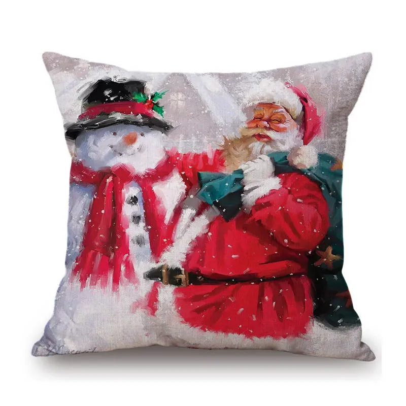 Cute Lovely Santa Claus Christmas Decorative Art Throw Pillow Case Xmas Snowman Oil Painting Cozy Linen Sofa Cushion Cover