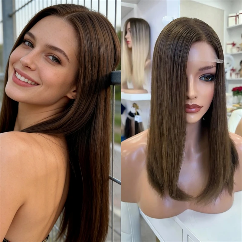 

Short Straight Bob Ombre Brown Synthetic HD Lace Front Wig Highlight Chestnut Brown Cosplay Wigs Human Hair Like Glueless Wigs