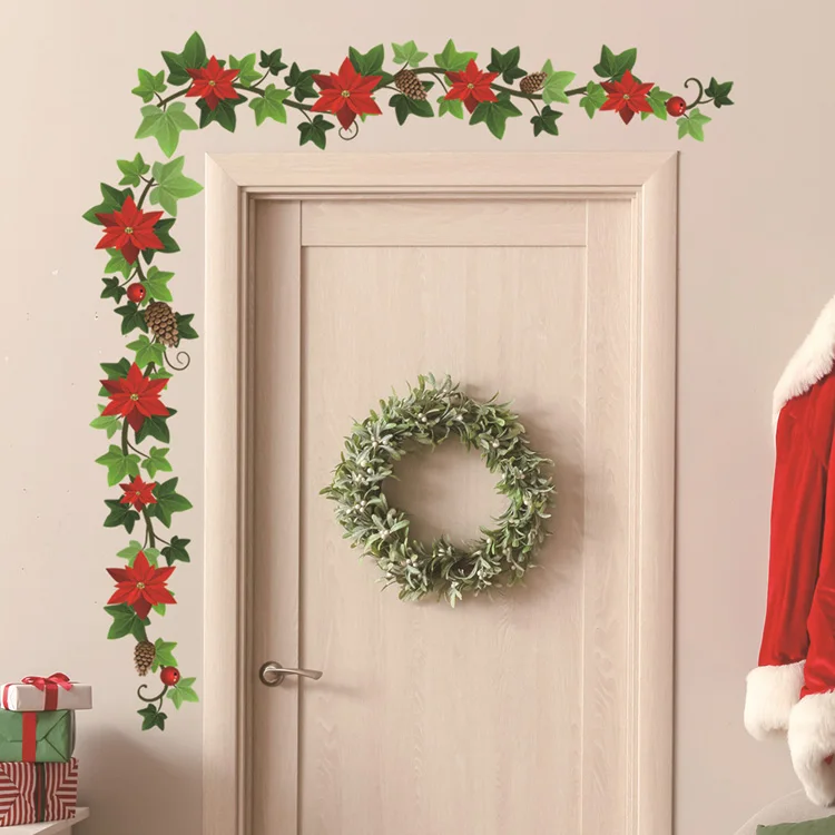 Weihnachtsblumen-Ranke Tannenzapfen Wandaufkleber Wohnzimmer Hintergrund Dekor Wandbild Neujahrsdekoration Selbstklebende Türkopf-Dekorationen – Detail 5