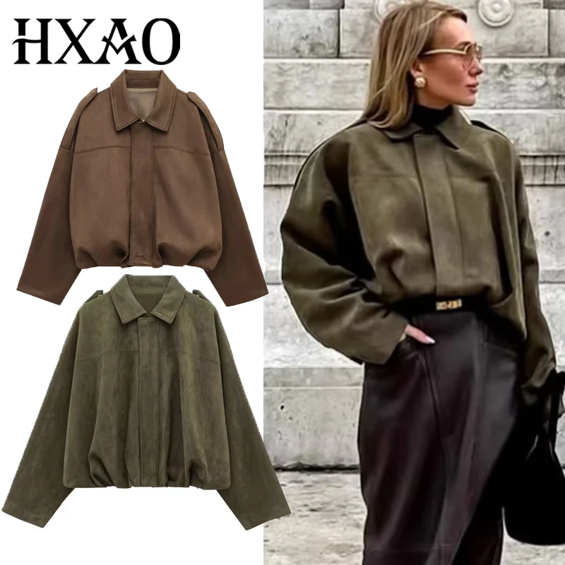 

HXAO женская куртка-бомбер, верхняя одежда, демисезонные пальто с длинными рукавами, укороченная замшевая куртка, женские однотонные пальто оверсайз на молнии 088