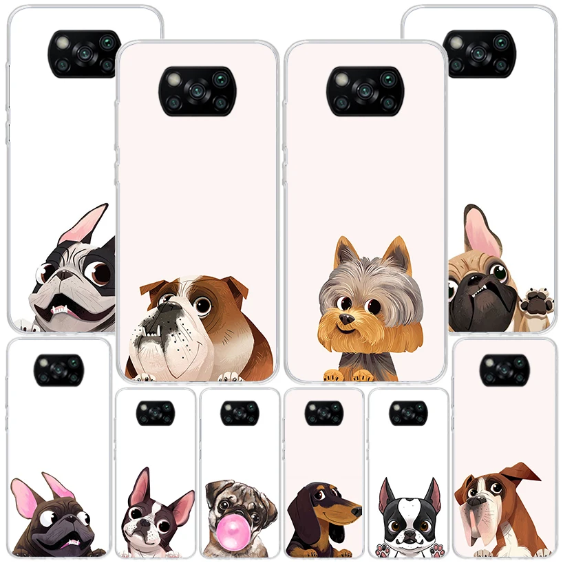 Capa Exclusiva para Celular Xiaomi Poco X5 X6 X7 Pro X4 GT F7 Ultra M8 M7 Redmi 15C 15 13C 13 12C 12 com Design de Cães Pug e Bulldog Francês