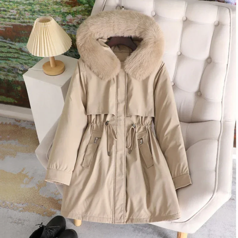 Parka à capuche avec doublure en laine pour femme, manteau long, veste avec col en fourrure, vêtements de neige chauds, vêtements rembourrés, optique, hiver, automne, nouveau, 2024