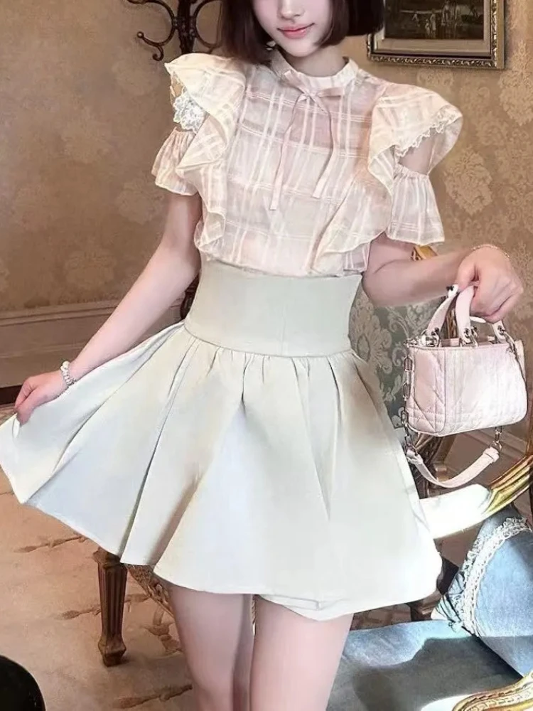 

New Japanese Sweet Lace Short Sleeve 2 Piece Set Women Design Bow Top + High Waist Skirt Aesthetic Lovely Fashion Slim Suit 2026
