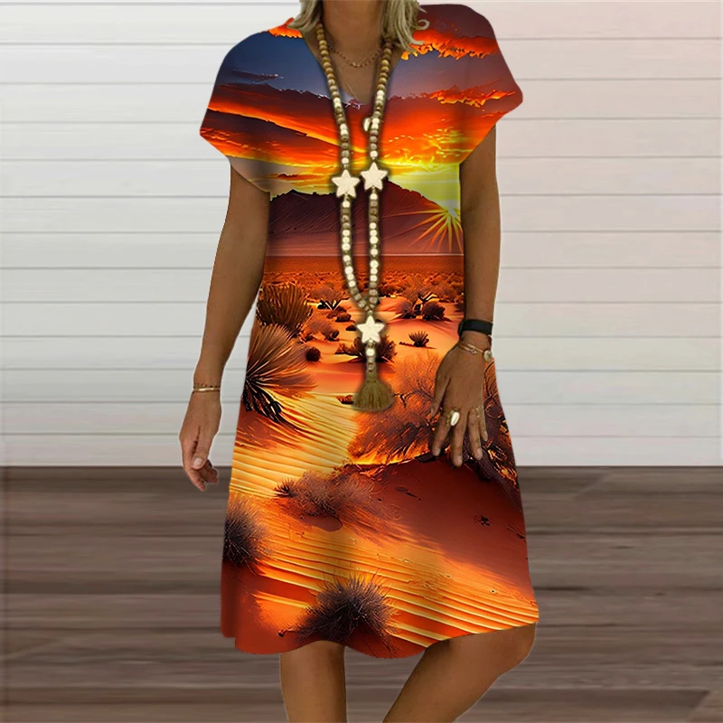 Tropical Desert Print Summer Dresses For 2023 Women Clothes Oversize Short Sleeve Loose Dress Casual V-Neck Knee-Length Sundress