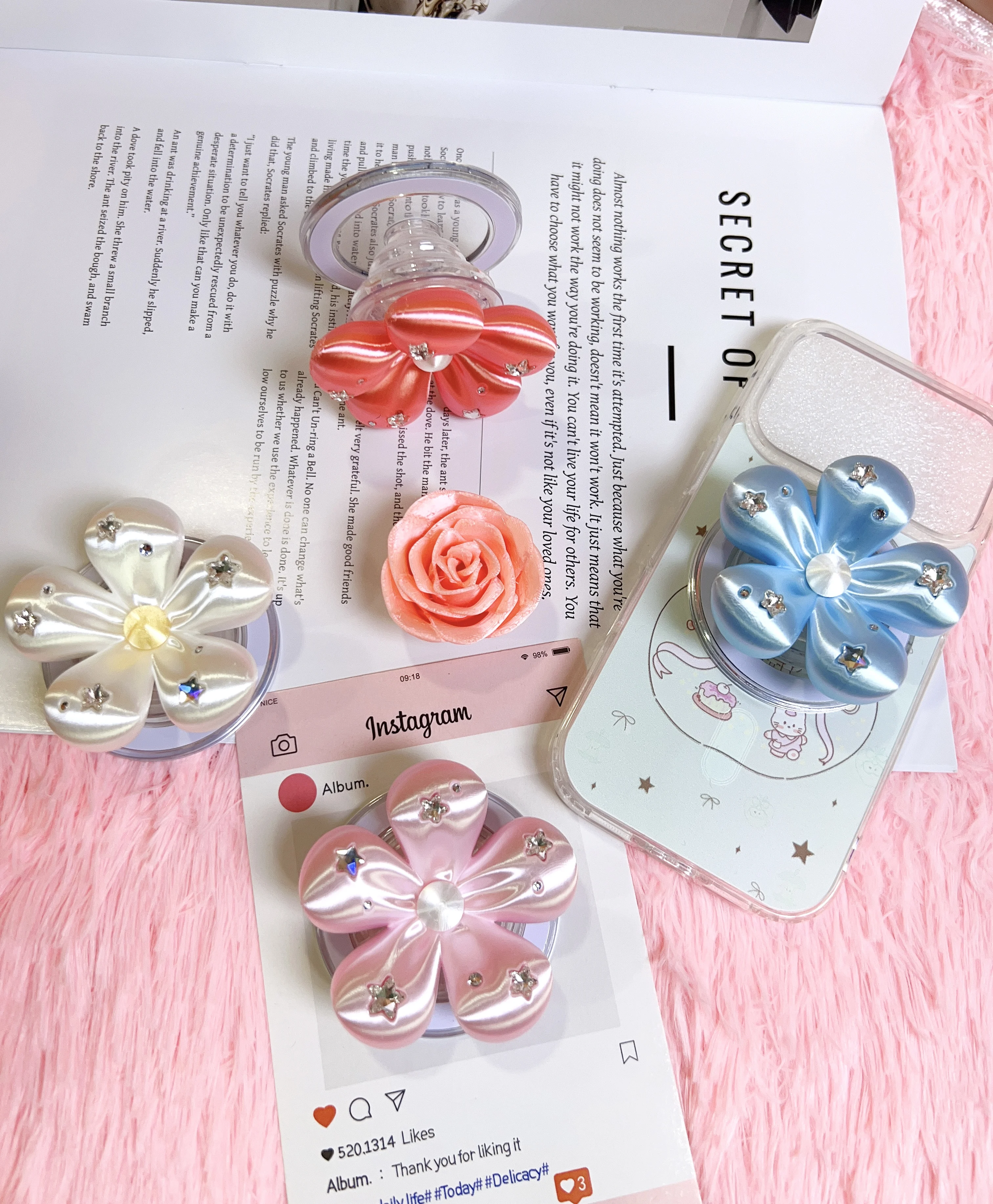Magnetic 3D Flower Phone Pop Socket Kawaii Extendable Pop Grip Holder Cute Rhinestone Pop Stand Folding Kickstand Airbag Bracket