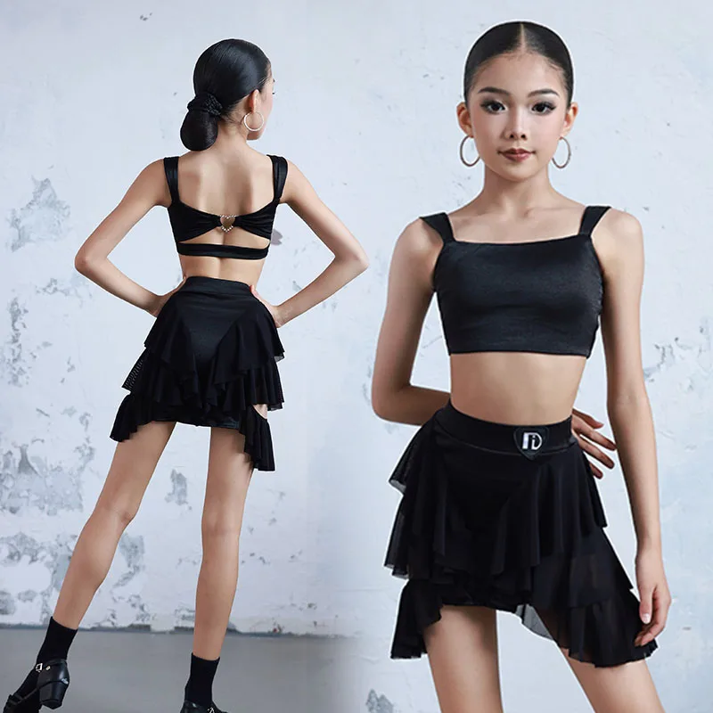 Sommer Latin Dance Kleidung Kind Cha Cha Rumba Leistung Tragen Mädchen Schwarz Tanz Anzug Training Outfit Praxis Top Rock Set 2429