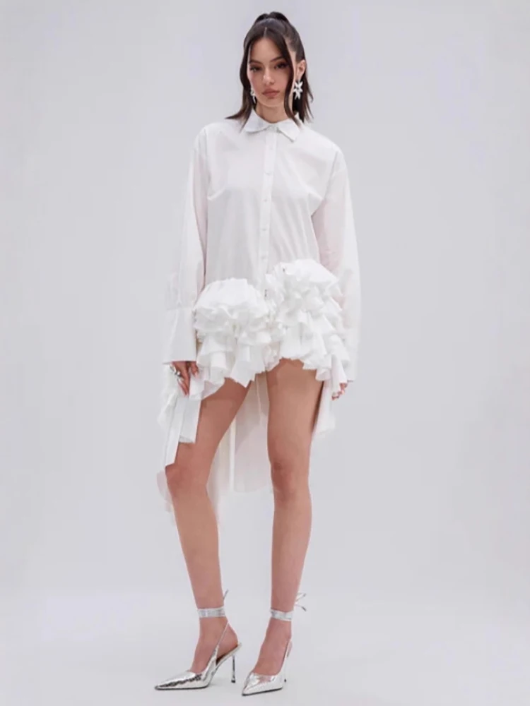 DEAT موضة الأبيض الجبهة قصيرة الظهر قميص طويل المرأة التلبيب غير المتماثلة تكدرت هيم بلوزة الخريف جديد 7A1516