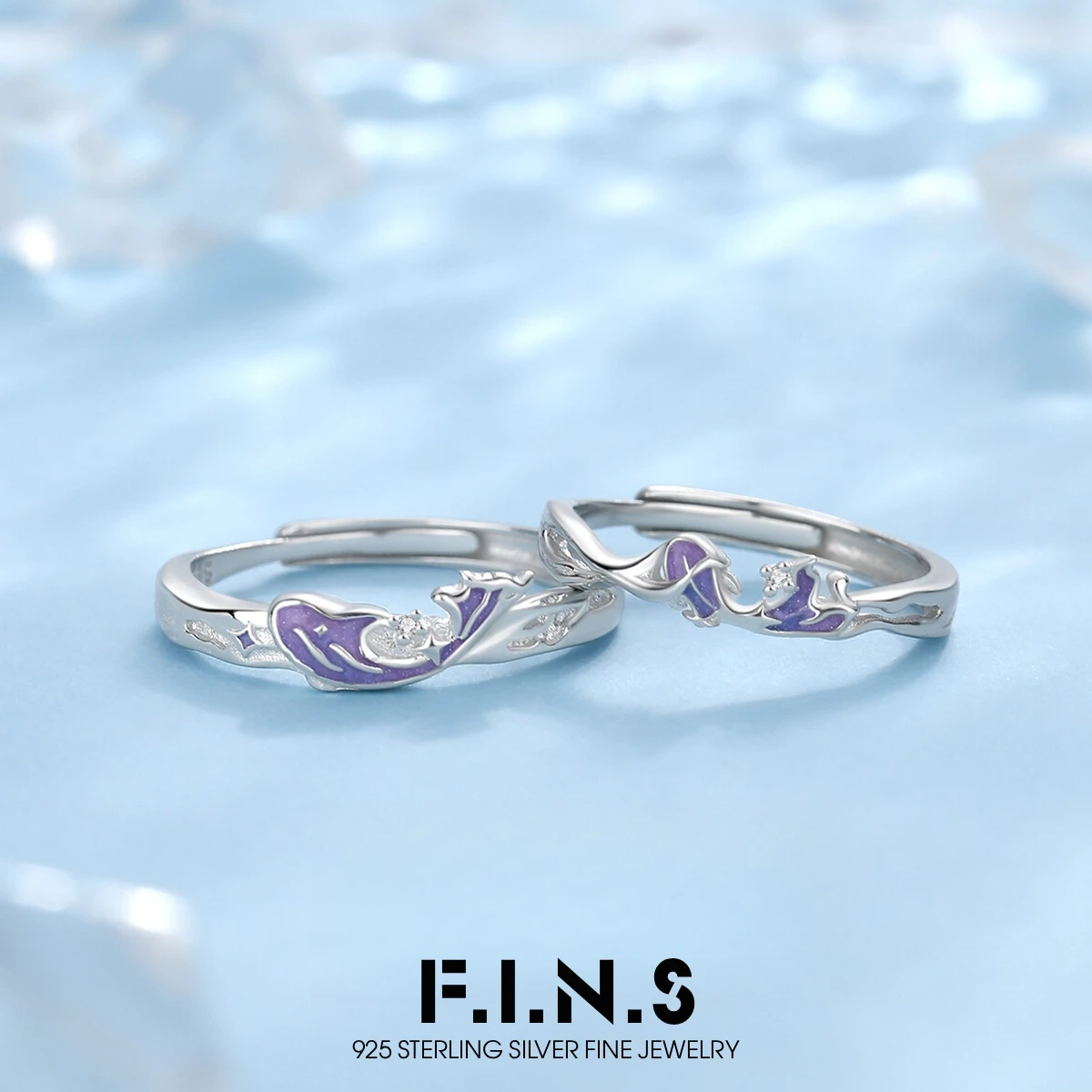 F.I.N.S Original ‘Deep Sea Whale Whispers’ S925 Sterling Silver Couple Rings Enameled Glow-in-the-Dark Fish Engagement Jewelry
