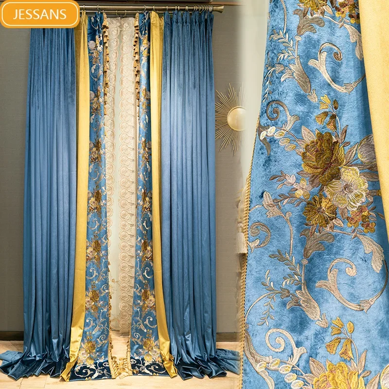 New Royal Blue Gold Stamped Embroidered Velvet Fabric Splice Curtains for Living Room Bedroom Embroidered Window Screen Villa