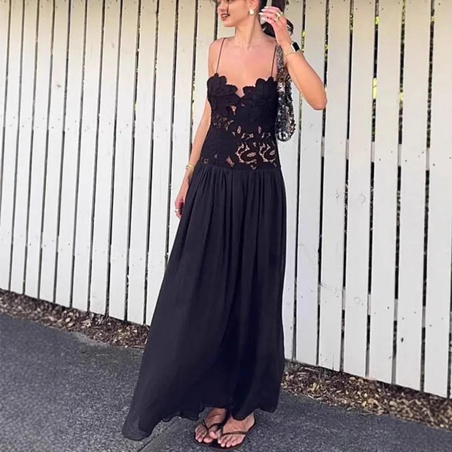 

Women's Dress Embroidered Flower Patchwork See Through Lace Spaghetti Strap Dresses Fashion Sexy Party Long Vestidos Female