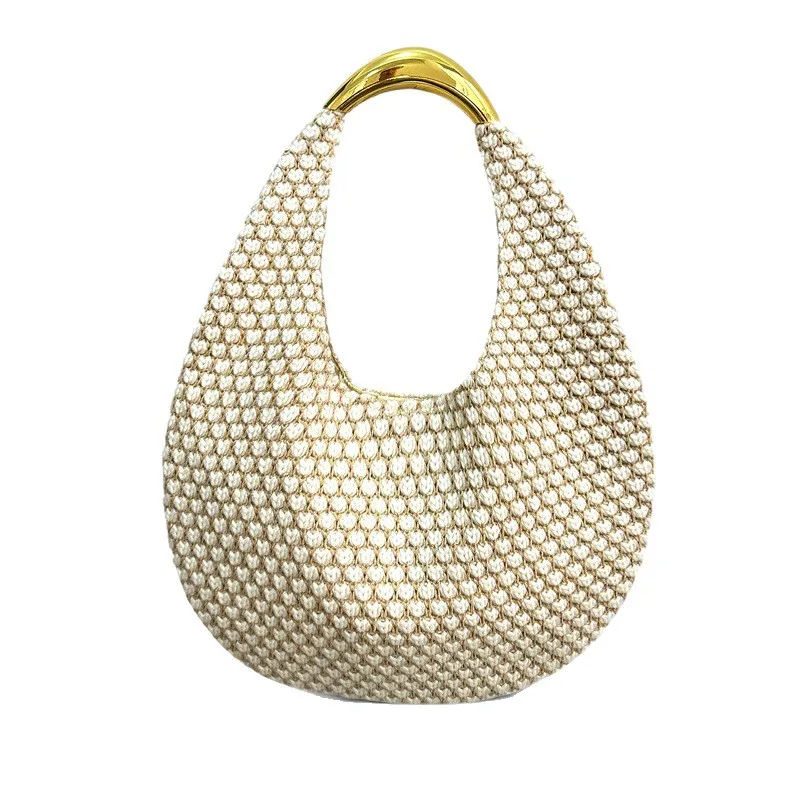 

Простая белая тканая сумка для женщин 2025 Большая вместительная сумка-тоут в форме Халафа в форме луны с золотой ручкой Повседневная повседневная пригородная сумка 2025