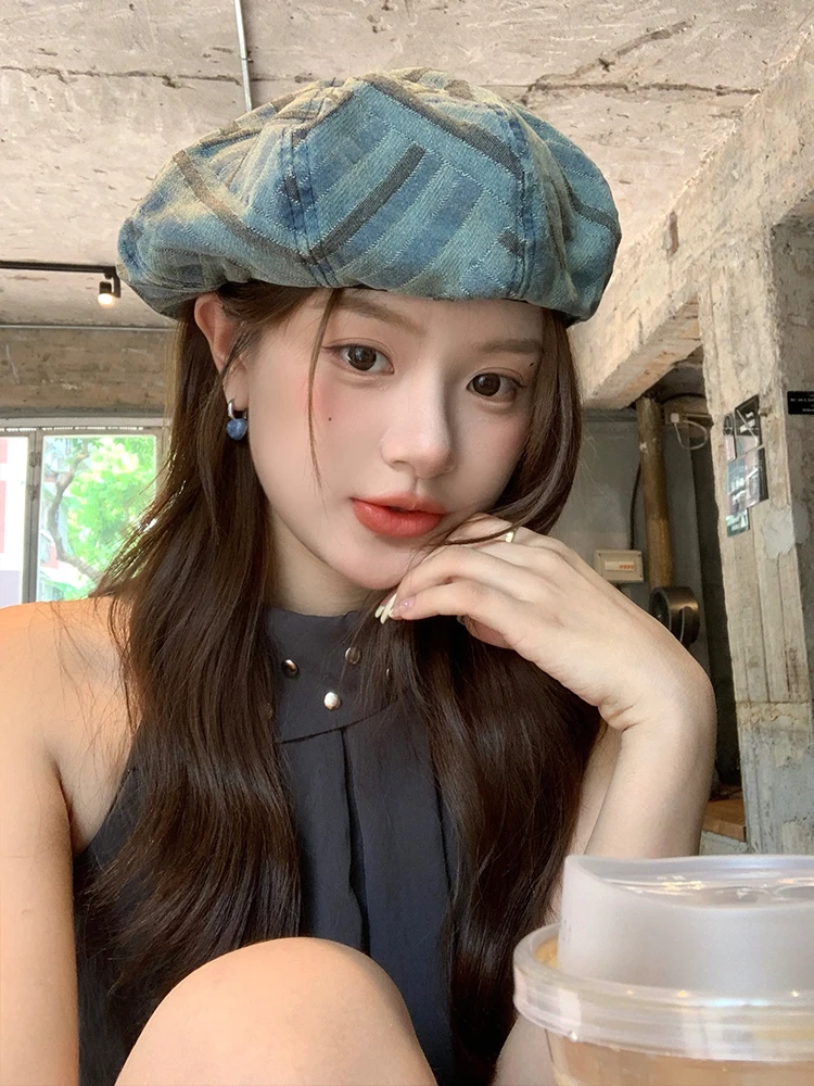 Washed Vintage Color Block Stripe Denim Beret Hat Women Fashionable Versatile Painter Hat Face Slimming Octagonal Hat