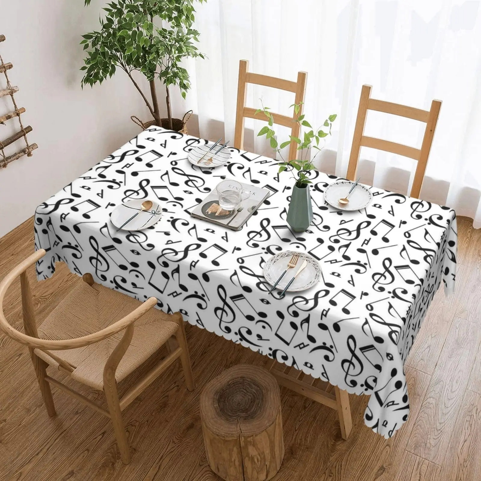 Music Theme Rectangular Tablecloth, Musical Notes Wavy Border Polyester Table Cloth for Dining, Kitchen, Parties