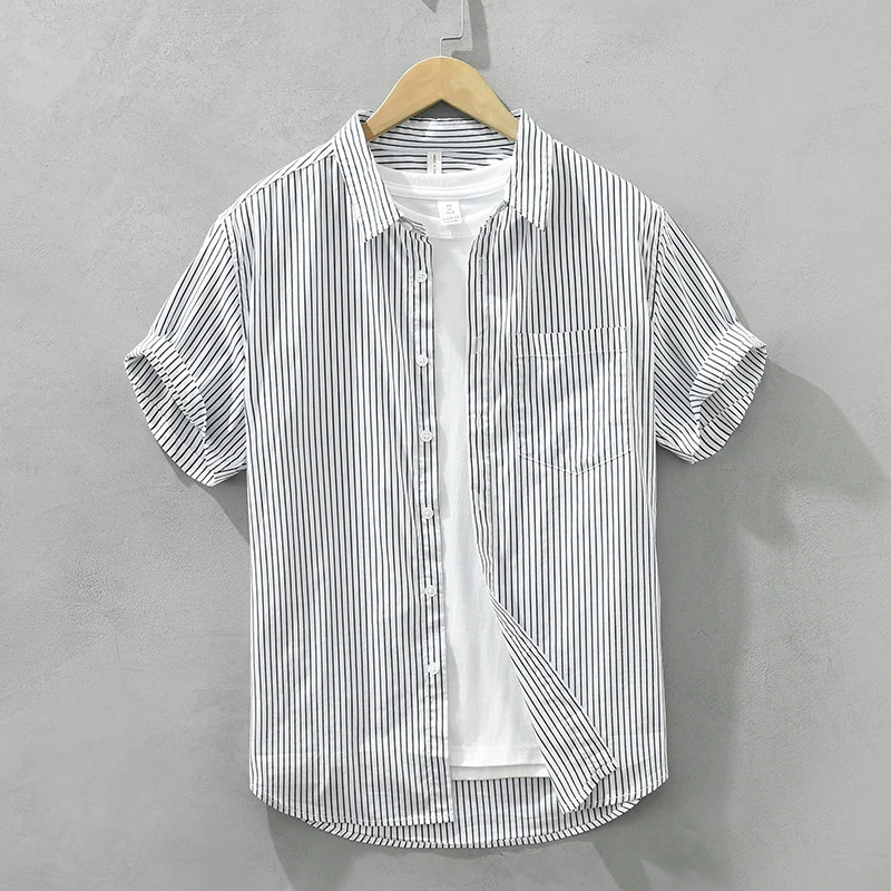 Literary Retro Striped Shirt Men Short Sleeved Japanese Summer Regular Casual Loose Outerwear Versatility Tops Y2K Streetwear