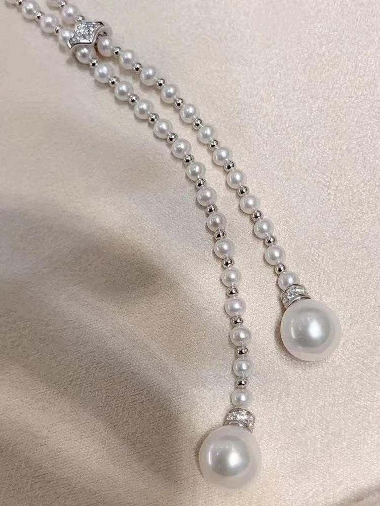 Designer Sweater Chain 60cm Long with 4-5mm Aurora Freshwater Akoya 10-11mm Large White Pearls and 925 Silver Adjustable Clasp