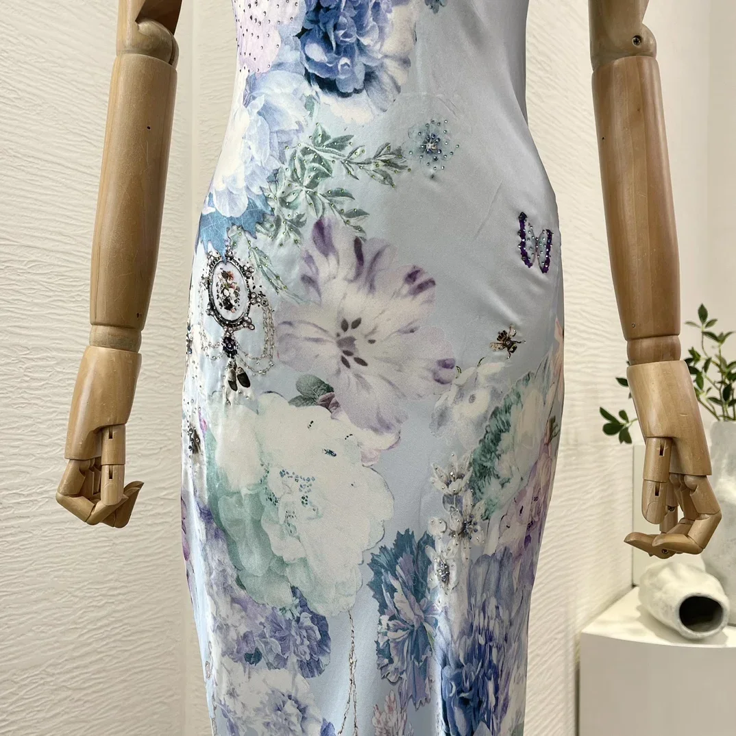 Robe Maxi Chic et Élégante pour Femme, Bleu Clair, Diamants, Boderfly, Fleurs Imprimées, Fibre pour Dame, ixd'Anniversaire, Été, Nouveau, 2024