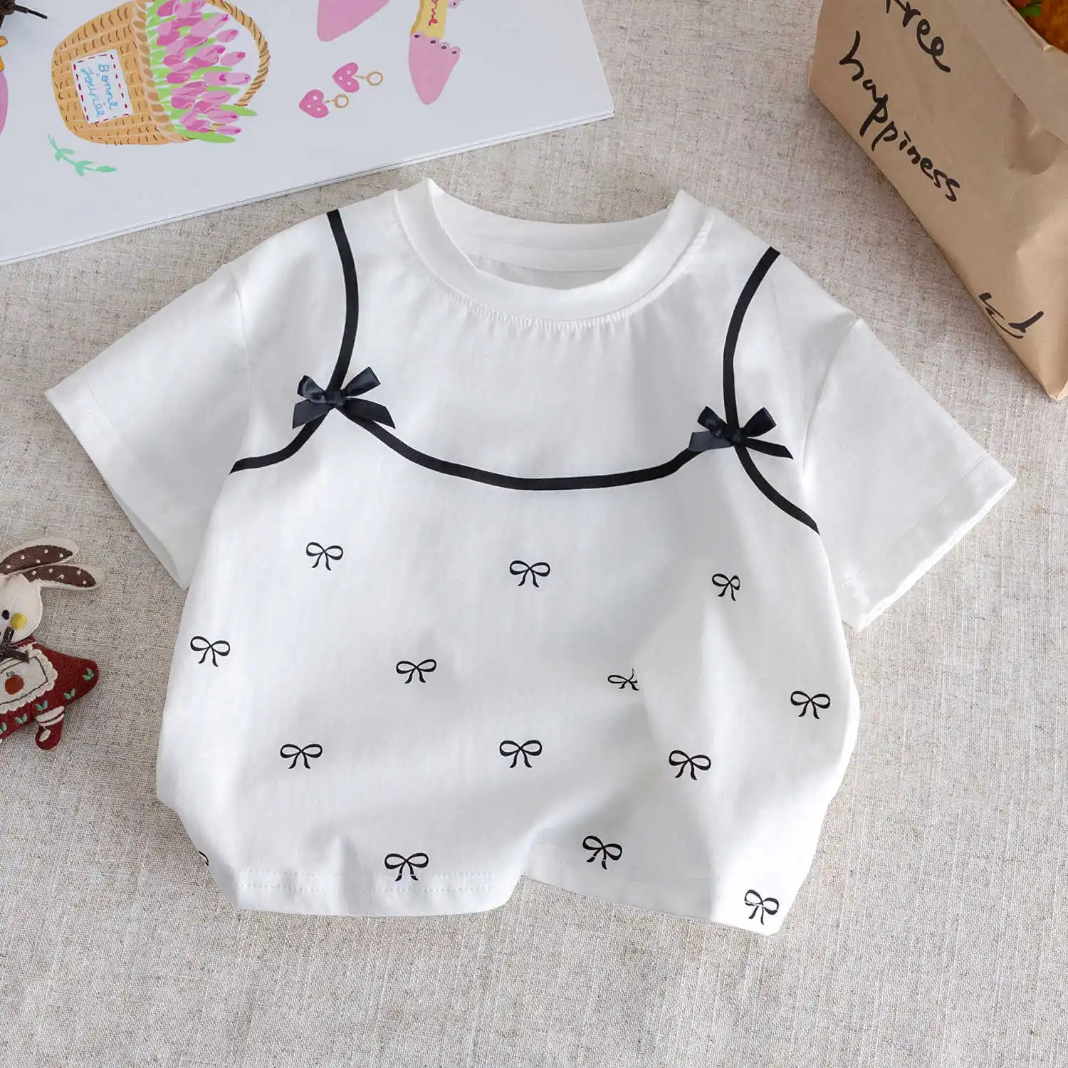 

Baby Girls' Fake Two Piece Short Sleeve Top Sweet Bow O-neck Pure Cotton T-shirt 2025 Summer New Children's Girls Bottom Shirt ﻿