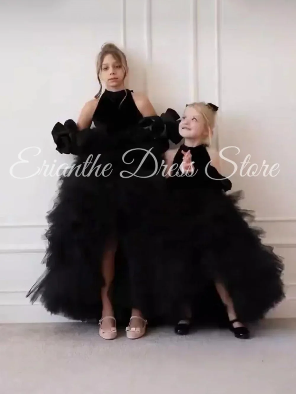 Robe de demoiselle d'honneur en velours noir, personnalisée, superposée, pour mariage, bouffante, sans manches, fête d'anniversaire pour enfants, robes de bal de première Communion
