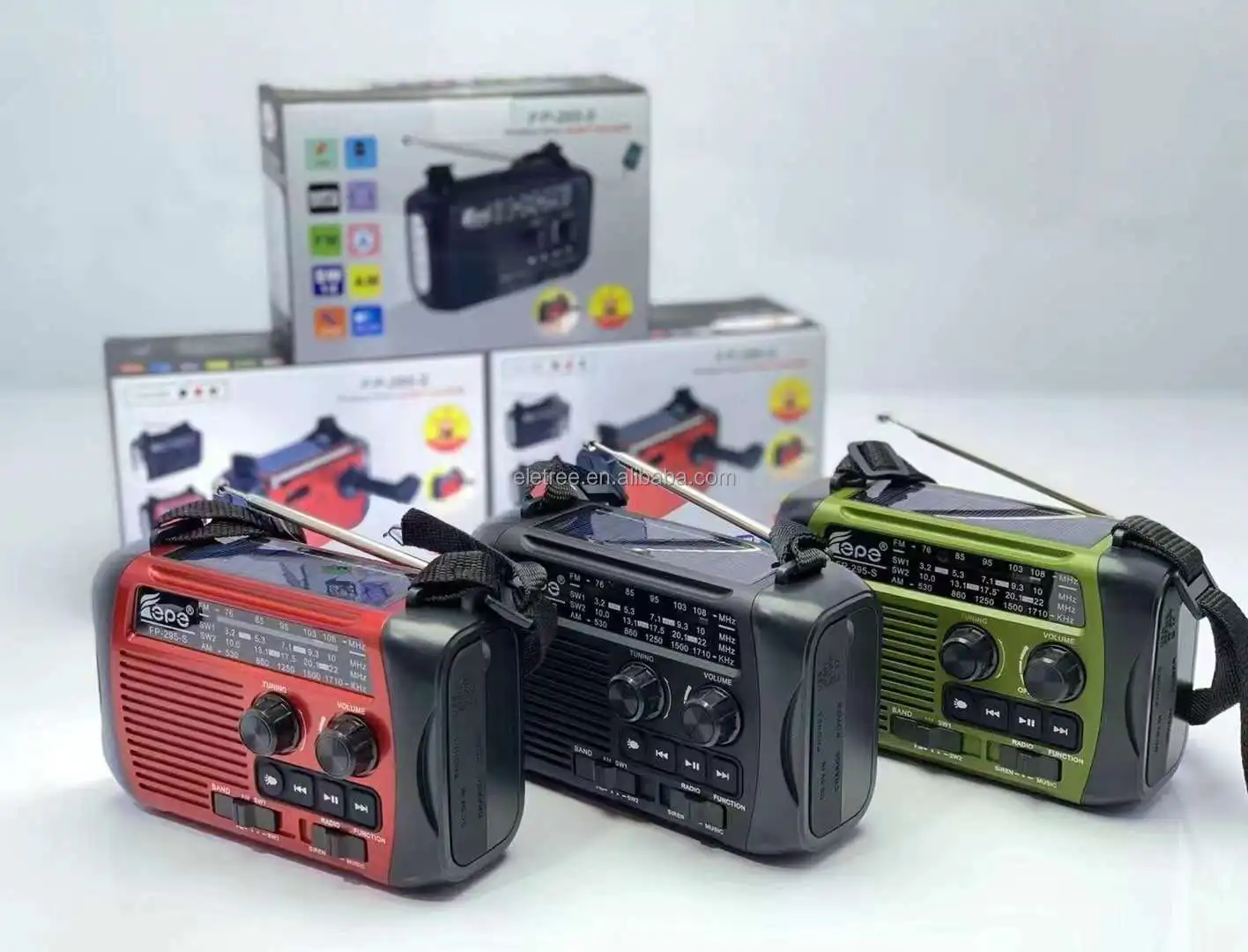 Eletree Fp-295-S Disaster Prevention Portable Sos Alarm Power Bank Speaker Hand Crank Solar Wireless Fm Radio With Flashlight