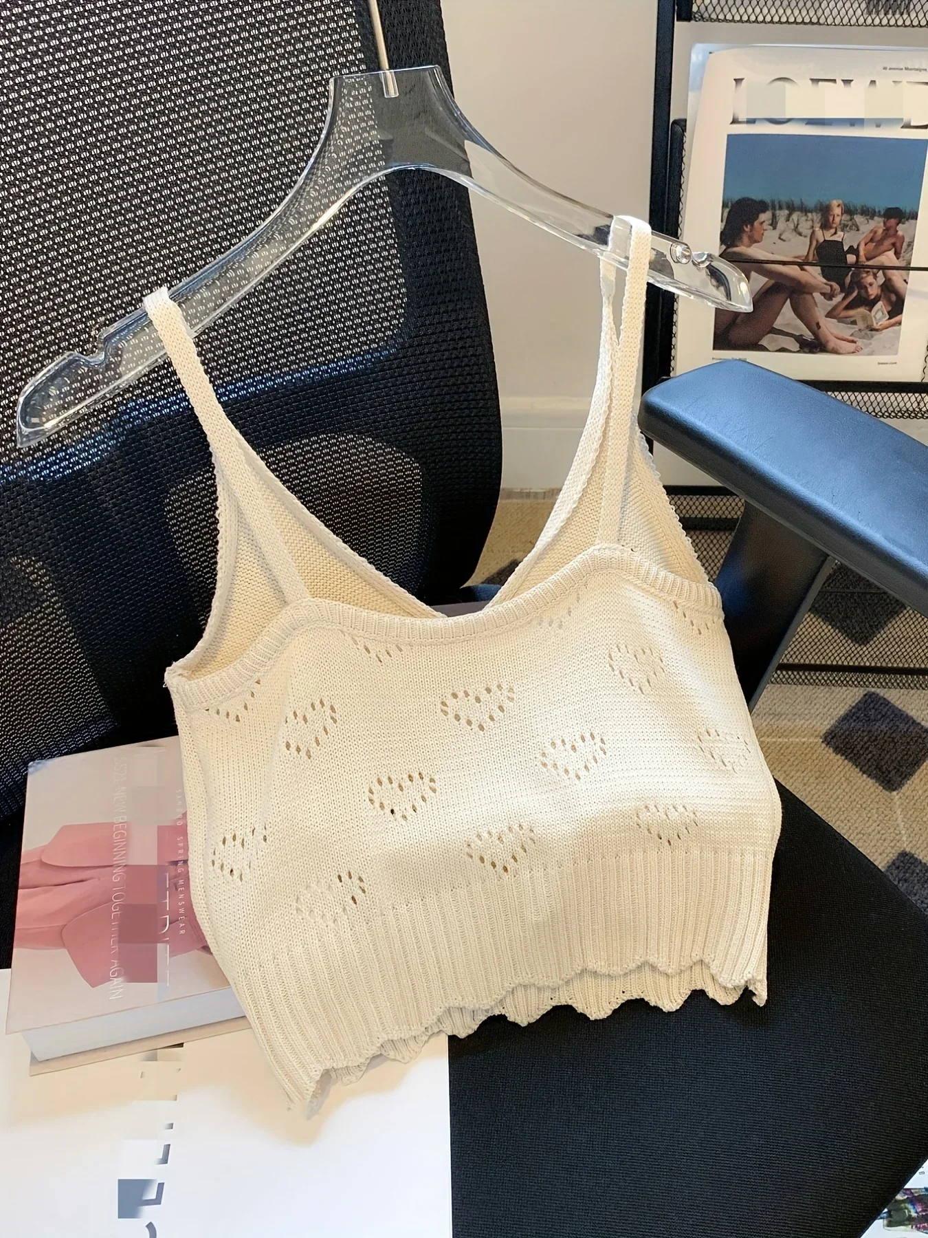 

2026 Solid V-neck Eyelet Spaghetti Top Casual Tie Front Scallop Trim Cami Top For Summer Women's Clothing Knit Crop Top