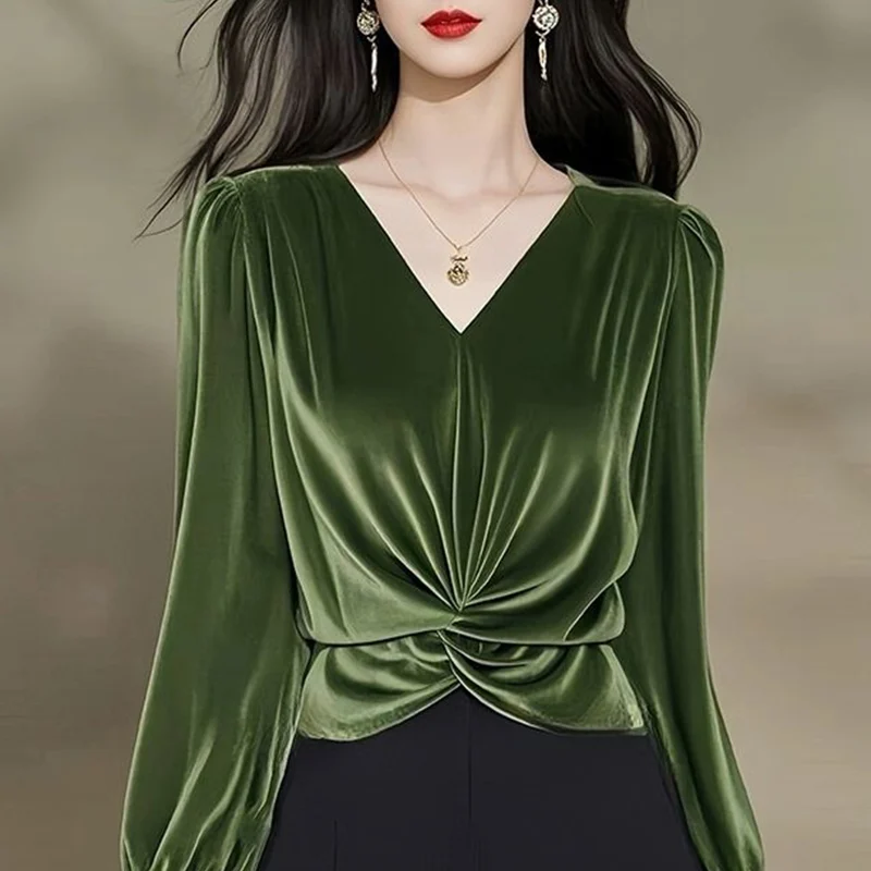 Spring Autumn New Top Tee Ladies Fashion Bottoming Shirt Temperament Fashionable Solid Color V-neck Long Sleeve Trend Pullovers