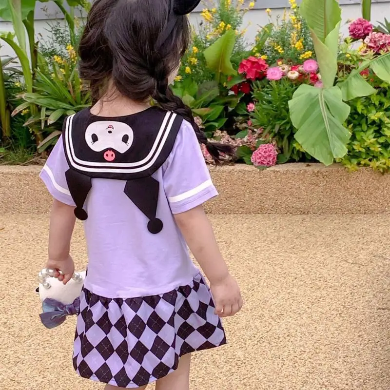 Kawaii Sanrioed Anime Kuromi Girl Dress Children Navy Neck Skirt Summer Short Sleeve Cartoon Color Block Skirt Children Clothes