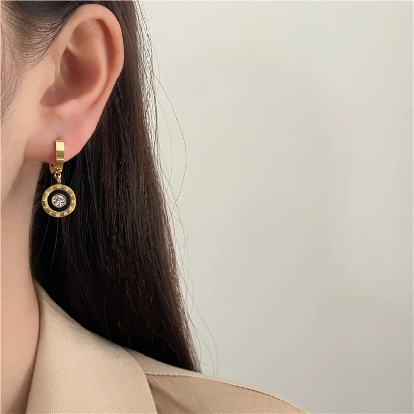 316L Stainless Steel New Fashion Fine High-end Jewelry Zircon Roman Numerals Round  Circle Studs Earrings For Women oorbellen