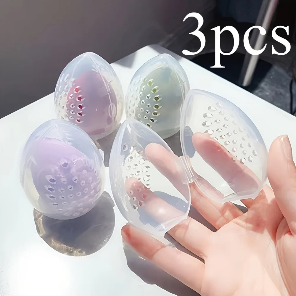 3Pcs Plastic Makeup Sponge Storage Box, Egg Shape Puff Display Holder, Portable Cosmetic Organizer for Travel Daily Use