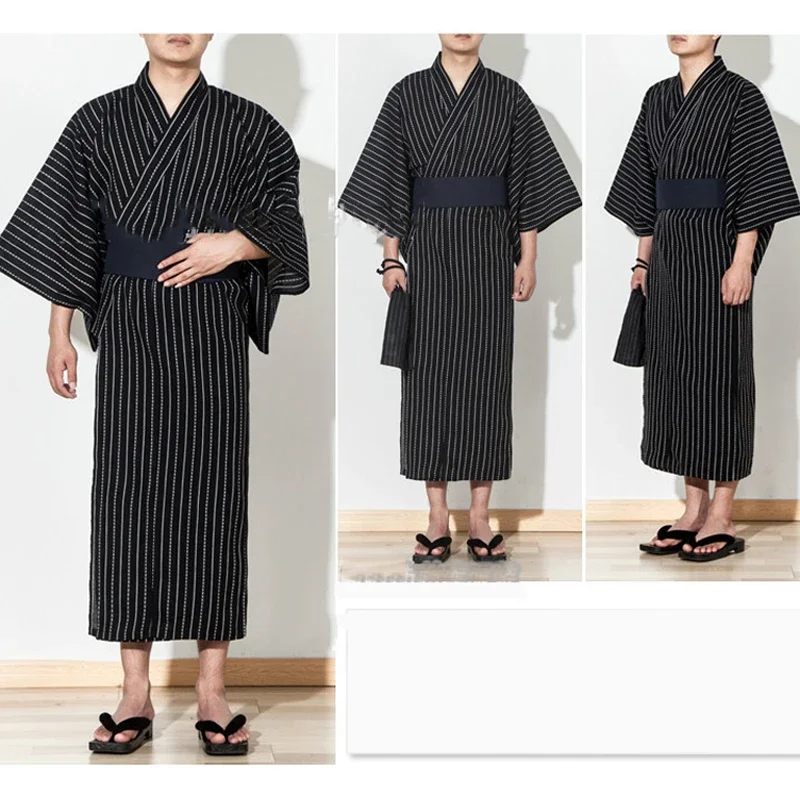 2023new Japanese traditional samurai kimono for men yukata bathing robe hekoobi loose style sauna homewear belt long gown clog