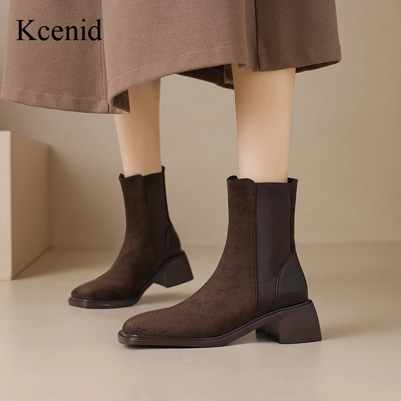 

Kcenid/Осенне-зимние женские ботильоны на толстом каблуке, элегантные короткие ботинки с квадратным носком и эластичной лентой, лаконичная винтажная обувь