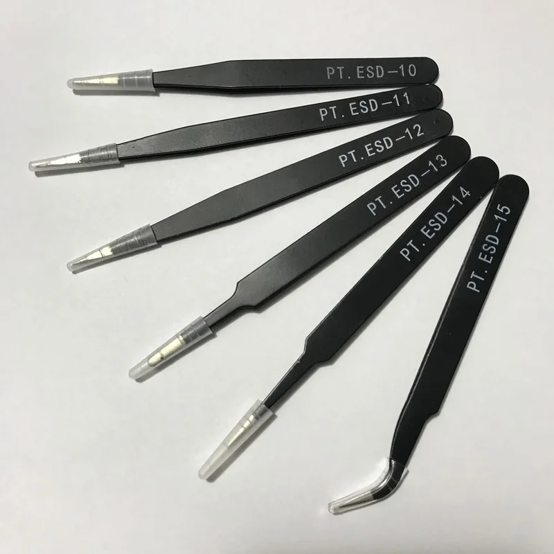 Juego de pinzas de acero inoxidable antiestáticas esd, kit de herramientas de reparación de mantenimiento, fabricación de modelos antiestáticos, juego de herramientas de mano, 6 piezas