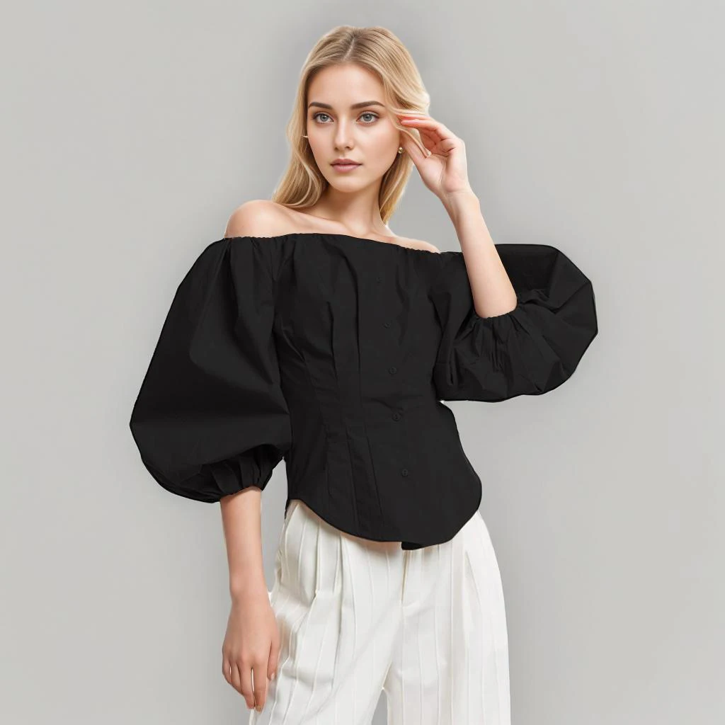 Korean Minimalist Slimming Shirts For Women Slash Neck Lantern Sleeve Spliced Single Breasted Casual Solid Shirt Female