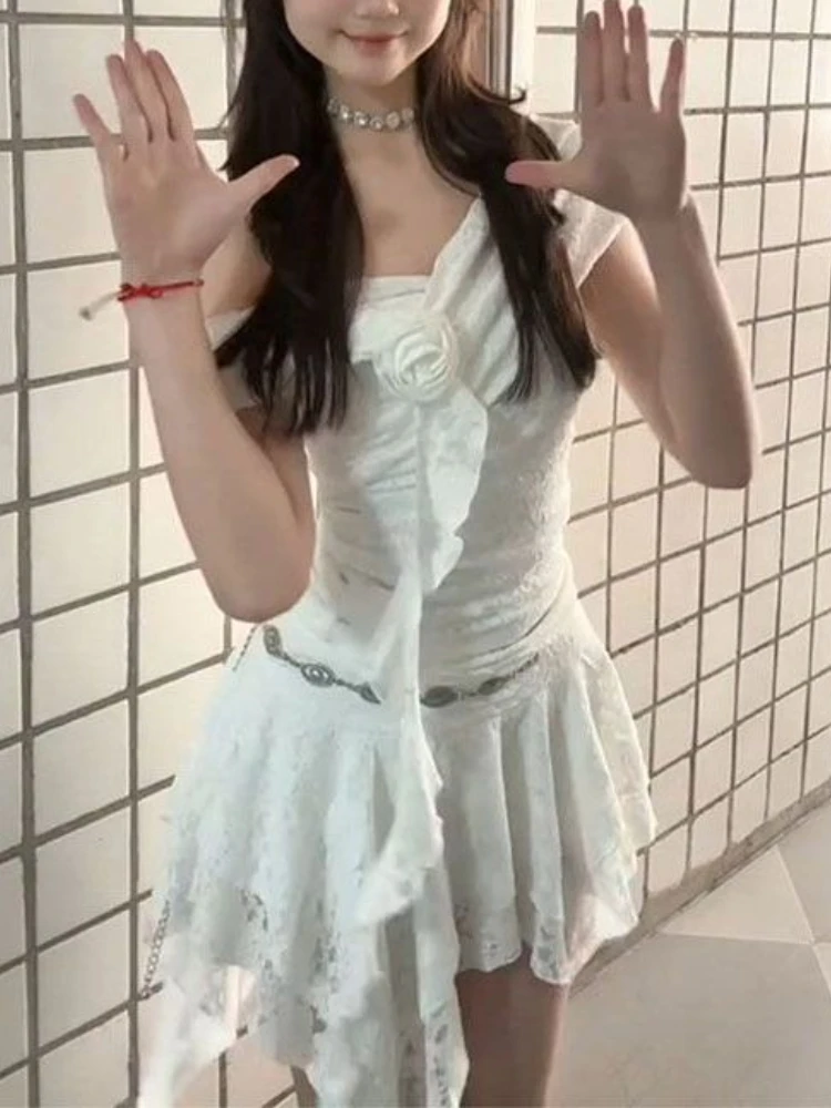 French Sweet Lolita Dress Set Women Slim Fit Summer White Two Piece Outfit Irregular Ruffle Trim Top and Skirt Cute Y2K Chic