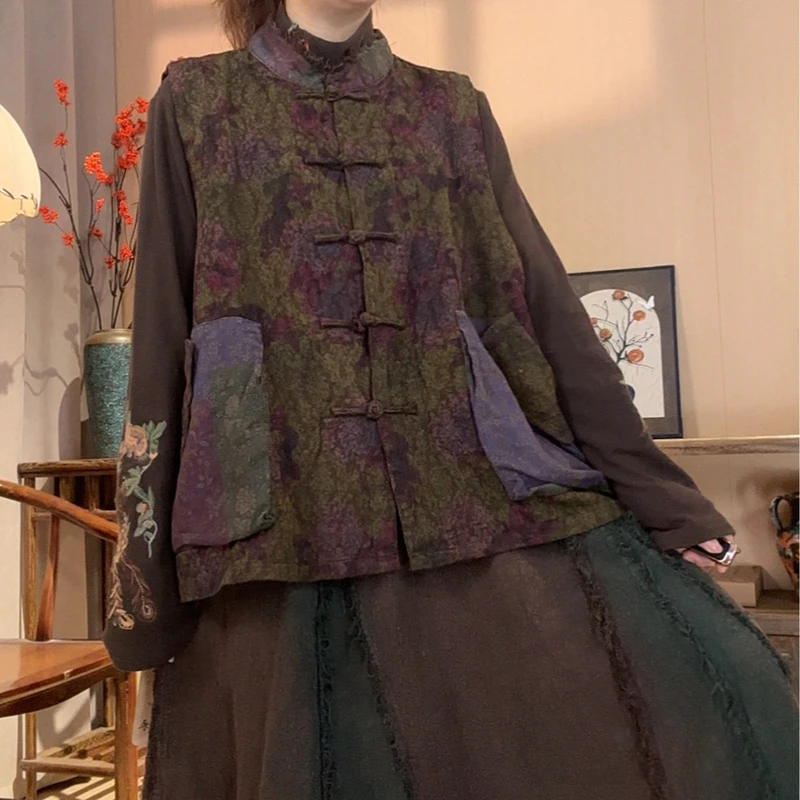 

26 Spring Women Vest Casual Loose Vintage O-neck Single Breasted Long Sleeve Cotton Linen Pocket Patchwork Outerwear & Coat Y149